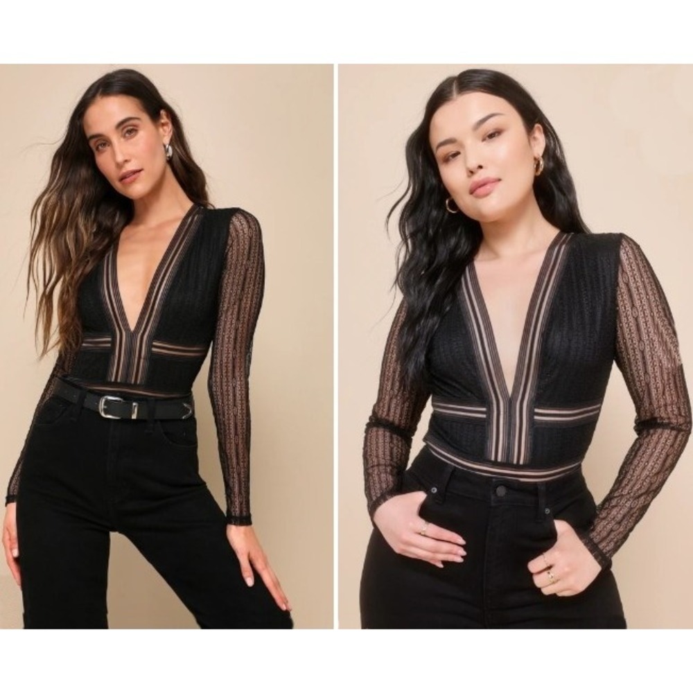 Lulus Casita LARGE Sheer Lace Long Sleeve Bodysuit Plunging V-Neck Cutout Back